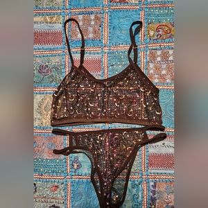 Black sheer stars moon gold glitter bra and panties set small